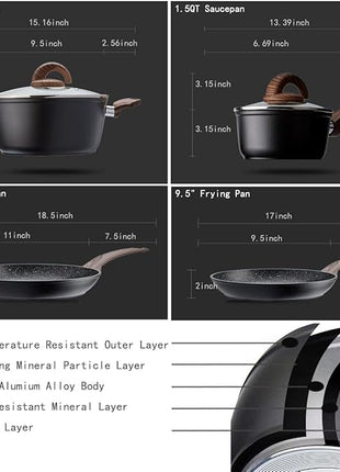 Pots and Pans Set Non Stick, Ceramic Cookware Set with Granite Pattern Kitchen Cooking Sets Induction Pot and Pan w/Frying Pans, Saucepans, Casserole, Non-Toxic, PTFE/PFOA/PFOS-Free, Black