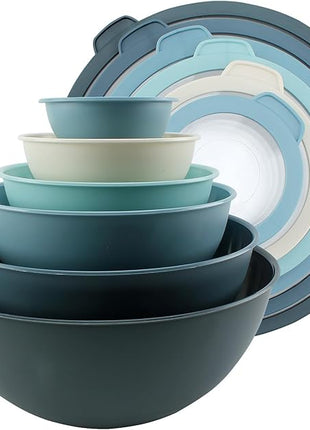 COOK WITH COLOR Mixing Bowls with Non Slip Bottom - 12 Piece Plastic Nesting Bowls Set includes 6 Prep Bowls and 6 Tritan Lids - Microwave Safe (Blue)