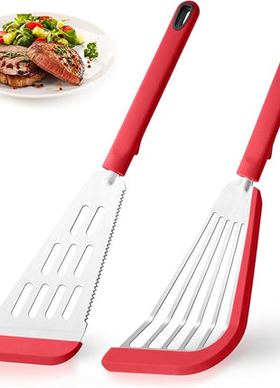Silicone Fish Spatula Turner Set of 2,2-in-1 Heat Resistant Silicone Slotted Fish Spatulas for Nonstick Cookware,Flexible Thin Stainless Steel Slotted Fish Turner Spatula Flipper for Fish,Egg,Pancake