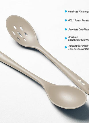 Silicone Slotted Spoons for Cooking - Extra Large Kitchen Spoons for Mixing, Serving, & Stirring - 600°F Heat-Resistant Non Stick Utensils Skimmer- Dishwasher Safe, Khaki