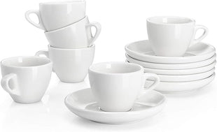 Sweese 2 Ounce Espresso Cups with Saucers, Porcelain Espresso Cups Set of 6 - White