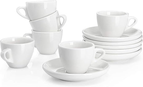 Sweese 2 Ounce Espresso Cups with Saucers, Porcelain Espresso Cups Set of 6 - White