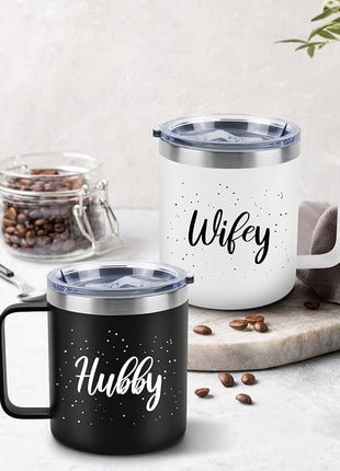 Husband and Wife Gifts, Mr & Mrs Coffee Mugs Set, Hubby and Wifey Gifts, Newlywed Gif 14oz Stainless Steel Insulated Mug(Black White)