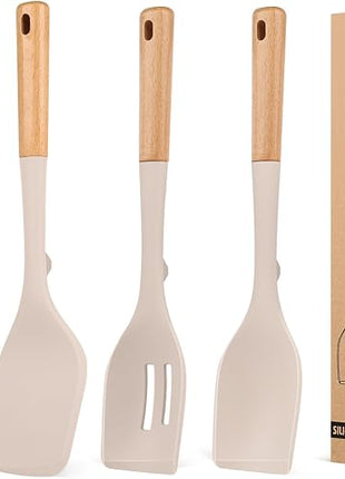 Pack of 4 Silicone Kitchen Utensils Set, Non Stick Solid Spatulas and Heat Resistant Slotted Spoons with Wooden Handle, Ideal BPA Free Cooking Utensils for Mixing,Serving,Turning,Stirring(KHAKI)