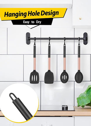 Pack of 4 Silicone Cooking Utensils Set, Non Stick Large Solid Spatulas, Heat Resistant Rose Gold Black Slotted Spoons, Ideal BPA Free Kitchen Turners for Frying, Mixing,Serving,Draining,Turning