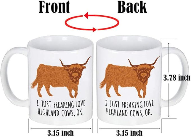 LOZACHE Highland Cow Coffee Mug, 11oz Highland Cattle Ceramic Mug Tea Milk Cup, Funny Gag Gift Ideas White Elephant for Adults Men Women Friends Cow Lovers