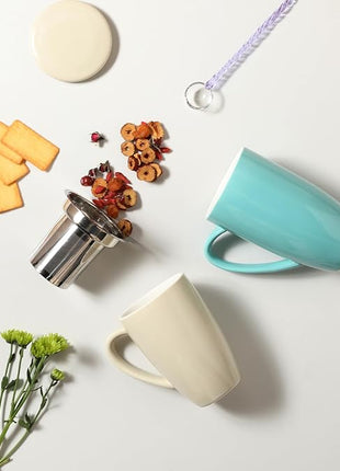 Sweejar Porcelain Tea Infuser Mug with Lid, 20 oz Teacup with Strainers for Loose Leaf Tea, Microwave and Dishwasher Safe Coffee Mug(Turquoise)