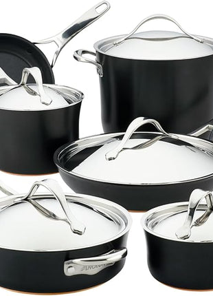 Anolon 83874 Nouvelle Copper Hard Anodized Nonstick Cookware Set / Pots and Pans Set - 11 Piece, Black Onyx
