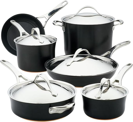 Anolon 83874 Nouvelle Copper Hard Anodized Nonstick Cookware Set / Pots and Pans Set - 11 Piece, Black Onyx