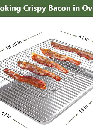 ROTTAY Baking Sheet with Rack Set (2 Pans + 2 Racks), Stainless Steel Cookie Sheet with Cooling Rack, Nonstick Baking Pan, Warp Resistant & Heavy Duty & Rust Free, Size 16 x 12 x 1 Inches
