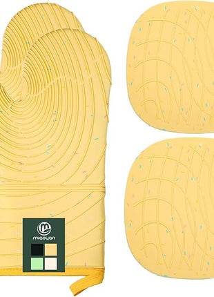 4 Pieces Oven Mitts and Pot Holders of Macaron Color Thickened Non-Slip Silicone Kitchen Gloves, Heat Resistant up to 500F, Essential for Kitchen Baking(makal-Huang)