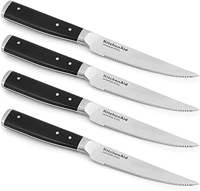 KitchenAid Gourmet 4 Piece Forged Triple Rivet Steak Knife Set, High Carbon Japanese Steel, Sharp Kitchen Knife Set, 4.5 inch, Black