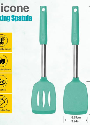 2 Pack Spatulas, Solid & Slotted Silicone Spatula Set, Stainless Steel Handle Coated with Silicone, Non Stick Turners, Heat Resistant Rubber Spatulas for Fish, Eggs, Pancakes, WOK, Teal