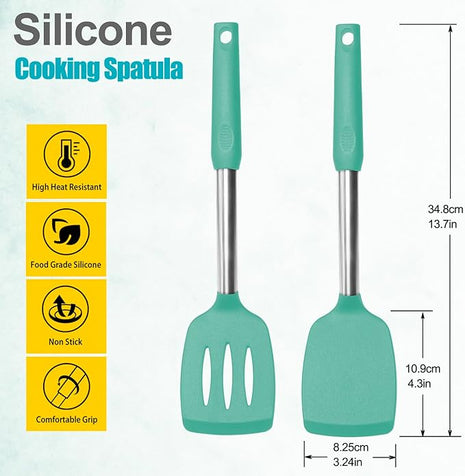 2 Pack Spatulas, Solid & Slotted Silicone Spatula Set, Stainless Steel Handle Coated with Silicone, Non Stick Turners, Heat Resistant Rubber Spatulas for Fish, Eggs, Pancakes, WOK, Teal