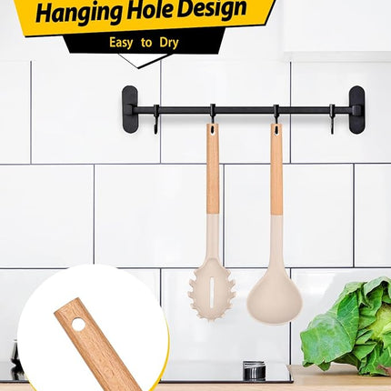 Silicone Pasta Fork and Ladle Spoon Set with Wooden Handle, Heat Resistant Non Stick Kitchen Utensils for Cooking, Stirring, Serving Spaghetti, Soup, Sauce(KHAKI)