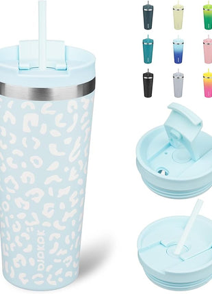BJPKPK 22oz Tumbler With lid And Straw Stainless Steel Travel Coffee Mug Insulated Tumblers Cups,Light Blue Leopard