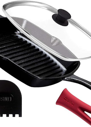 Cuisinel Cast Iron Grill Pan + Glass Lid + Silicone Handle Cover + Pan Scraper - 10.5"-inch Pre-Seasoned Square Skillet - Stovetop, Induction Safe - Indoor/Outdoor Use - for Grilling, Frying, Sautéing