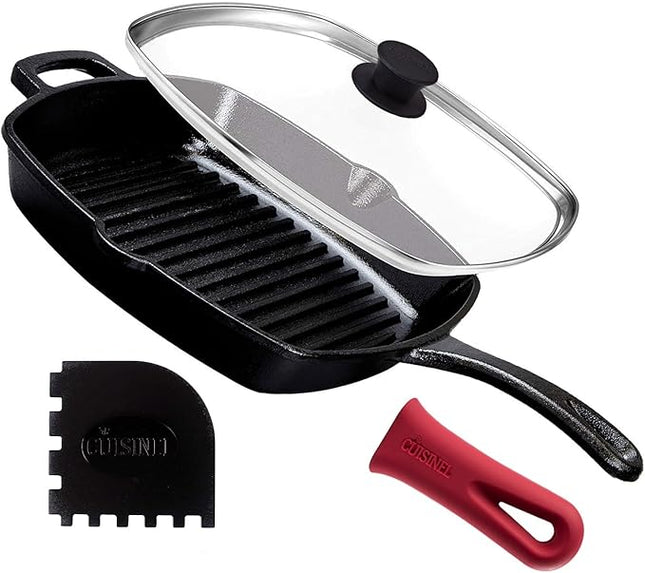 Cuisinel Cast Iron Grill Pan + Glass Lid + Silicone Handle Cover + Pan Scraper - 10.5"-inch Pre-Seasoned Square Skillet - Stovetop, Induction Safe - Indoor/Outdoor Use - for Grilling, Frying, Sautéing