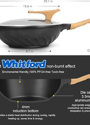 COOKLOVER Nonstick Woks And Stir Fry Pans Die-cast Aluminum Scratch Resistant 100% PFOA Free Induction Wok pan with Lid 12.6 Inch - BK