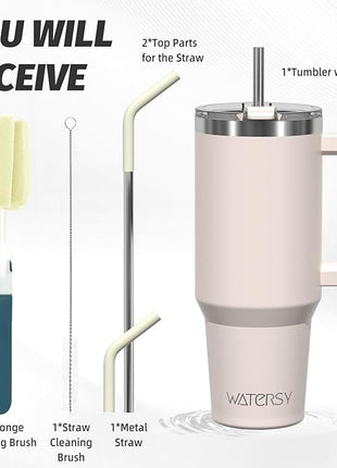 40 oz Tumbler with Handle,Tumbler with Lid and Straw,Double Wall Insulated Cup Stainless Steel Travel Mug(Cold for 34 Hours),Water Bottle for Iced Tea,Coffee,Cold Beverages(Ivory Beige)