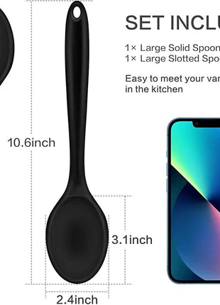 2PCS Silicone Nonstick Spoons, Heat Resistant, BPA Free, Ergonomic, Long Handle, Wide Bowl, Black