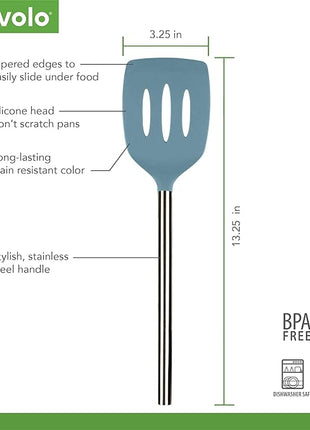 Tovolo Slotted Silicone Spatula Turner Slotted Stainless Steel Handle 10" Blue Slate Heat Resistant Non Toxic BPA Free Kitchen Utensil, Silicone Egg Pancake Flipper Metal Handle Turner for Cooking