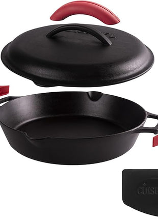 Cast Iron Skillet with Cast Iron Lid - 12"-Inch Dual Handle Frying Pan + Pan Scraper + Silicone Handle Holder Covers - Pre-Seasoned Oven Cookware - Use Indoor/Outdoor, Grill, Stovetop, Induction