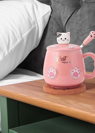 Bgbg Cute Cat Mug, Novelty Ceramic Coffee Tea Milk Cup with Lovely Kitty Lid, Kawaii Claw Spoon, Anime Coaster, Novelty Things Birthday Christmas Gift for Cat Lovers Women Her, 14 oz, Pink
