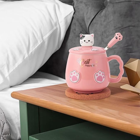 Bgbg Cute Cat Mug, Novelty Ceramic Coffee Tea Milk Cup with Lovely Kitty Lid, Kawaii Claw Spoon, Anime Coaster, Novelty Things Birthday Christmas Gift for Cat Lovers Women Her, 14 oz, Pink
