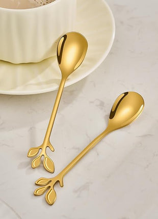 AnSaw Elegant Gold Leaf Coffee Spoons - 10-Piece, 4.7" Mini Stainless Steel Espresso & Dessert Tea Spoons, Perfect for Demitasse & Small Servings