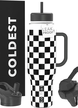 Coldest Tumbler with Handle and Straw, 100% Leak Proof Insulated Tumbler with Lid and Straw (3 Lids), Stainless Steel Tumblers for Women & Men, Cup Holder Friendly, 46 oz (Black Checkers)