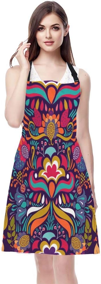 EKOBLA Vintage Flower Aprons Decorative Paisley Colorful Floral Pattern Bright Ornament Waterproof Resistant Chef Cooking Kitchen BBQ Adjustable Aprons for Women Men 27x31 Inch