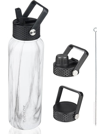 BJPKPK Insulated Water Bottles with Straw Lid, 40oz Stainless Steel Water Bottles with 3 Lids, BPA Free Leakproof Thermo, Tumblers, Cups for Sports, Gym- White Birch