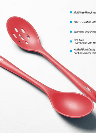Silicone Spoons for Cooking - Extra Large Kitchen Spoons for Mixing, Serving, & Stirring - 600°F Heat-Resistant Non Stick Utensils Ladle & Skimmer- Dishwasher Safe, Red
