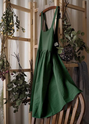 Uaussi Cotton Linen Apron Cross Back Work Apron for Women with Pockets Pinafore Dress X Cross Halter Apron for Chef Gardening