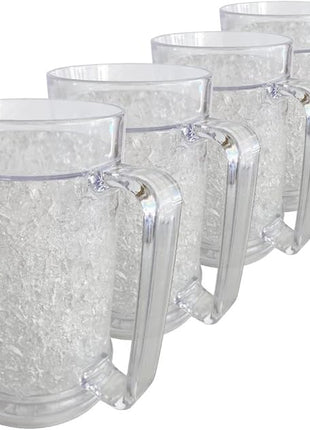 Lily's Home 16oz set of 4 Insulated Double Wall Gel-Filled Acrylic Frosted Freezer Stein Mugs, Great as Old Fashion Drinking Glasses at BBQs and Parties, Clear