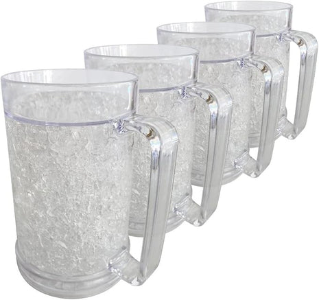 Lily's Home 16oz set of 4 Insulated Double Wall Gel-Filled Acrylic Frosted Freezer Stein Mugs, Great as Old Fashion Drinking Glasses at BBQs and Parties, Clear