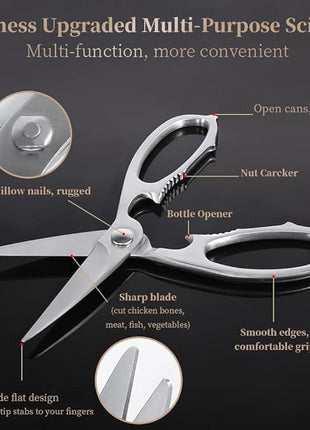Newness Multi-Purpose Kitchen Scissors, Premium Stainless Steel Solid Kitchen Shears for Can Opener, Walnut Cracker, Heavy Duty Poultry Scissors with Sharp Blade for Cutting Turkey, Chicken, Bones