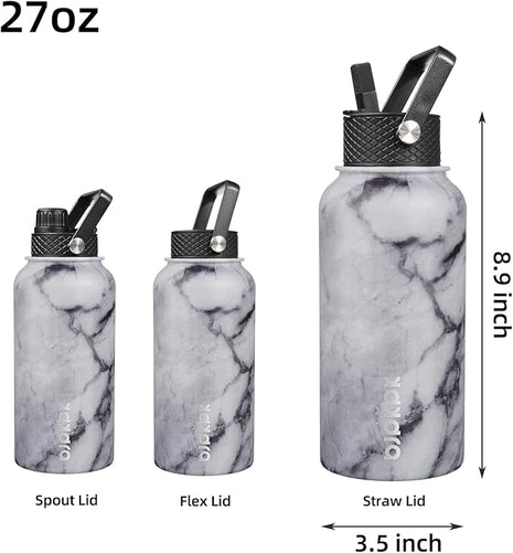 BJPKPK Insulated Water Bottles with Straw Lid, 27oz Stainless Steel Water Bottle with 3 Lids, Leak Proof BPA Free Metal Thermo, Mugs, Tumblers, Keep Cold Hot - Carrara Marble
