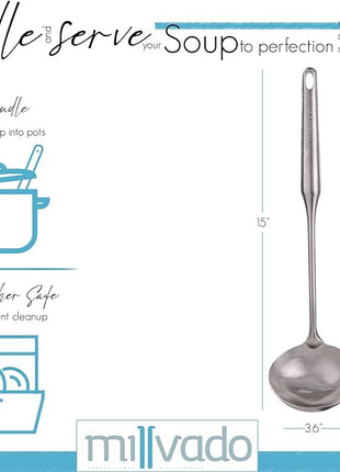 Soup Ladle, Stainless Steel Ladle, 15" Ladles for Serving or Cooking, Dishwasher Safe, Heavy Duty Durable Metal, Kitchen Ladel