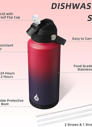 BJPKPK Water Bottle with Straw Lid, 32oz Vacuum Insulated Water Bottles, Metal Stainless Steel Thermo for Sports, Travel, BPA Free Leak Proof Thermo, Cups, Flasks, Tumblers,Charming Red