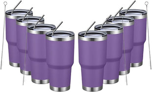 MEWAY 30oz Insulated Tumbler With Lids and Straws,Stainless Steel Double Vacuum Coffee Tumbler Cup, Brush, Durable Powder Coated Coffee Cup for Cold & Hot Drinks, Office, Travel(Purple,8 PACK)