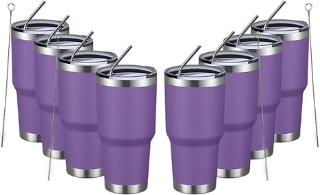 MEWAY 30oz Insulated Tumbler With Lids and Straws,Stainless Steel Double Vacuum Coffee Tumbler Cup, Brush, Durable Powder Coated Coffee Cup for Cold & Hot Drinks, Office, Travel(Purple,8 PACK)