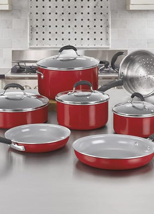 Cuisinart 54C-11R 11-Piece Ceramica XT Nonstick Cookware Set, Red/Stainless Steel