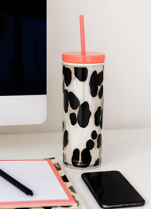 kate spade new york Insulated Tumbler with Reusable Straw, Leopard Print 24 Ounce Acrylic Travel Cup with Lid, Forest Feline