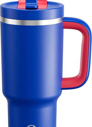 32 oz Tumbler with Handle and Straw: Stainless Steel Insulated Tumbler Keeps Cold for 24 Hours, Leakproof Travel Cup Fits in Cup Holder and BPA-Free,Beaucoup Blue