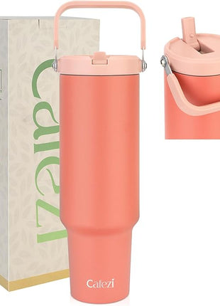 50 oz Tumbler with Handle, Stainless Steel Water Bottles with Flip Straw and Top Handle, Leak Proof, No Sweat, Cold for 30 Hours, Fits in Cup Holder, Vacuum Insulated Tumblers for Home, Office