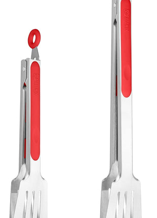 Premium 304 Stainless Steel Barbecue Turners, Heavy Duty Non-Stick BBQ Cooking Kitchen Tongs, 9" and 12" Red