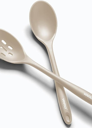 Silicone Slotted Spoons for Cooking - Extra Large Kitchen Spoons for Mixing, Serving, & Stirring - 600°F Heat-Resistant Non Stick Utensils Skimmer- Dishwasher Safe, Khaki