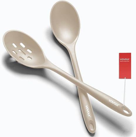 Silicone Slotted Spoons for Cooking - Extra Large Kitchen Spoons for Mixing, Serving, & Stirring - 600°F Heat-Resistant Non Stick Utensils Skimmer- Dishwasher Safe, Khaki